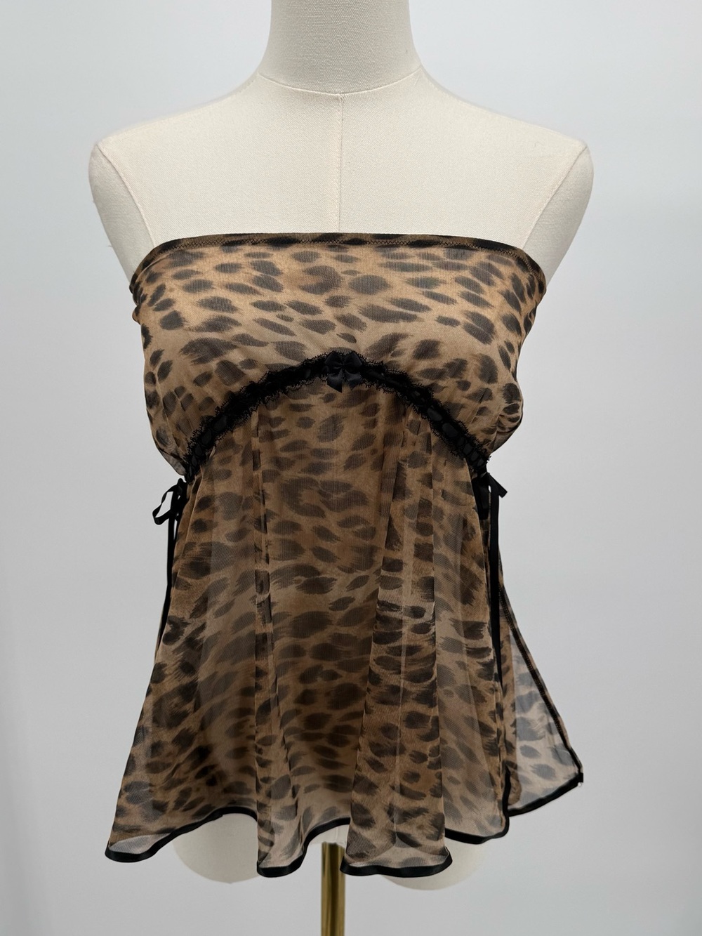 Leopard Print Strapless Sheer Babydoll Top - Brown